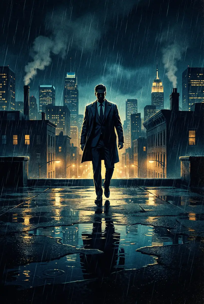 全运会奖牌榜2021 出品影片《雨夜独行者》海报，雨中城市屋顶男性剪影